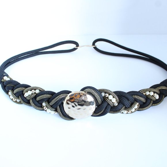Vintage 80's Black Braided Cord With Gold Tone Hardware Faux Pearls ~S~ - Picture 4 of 5